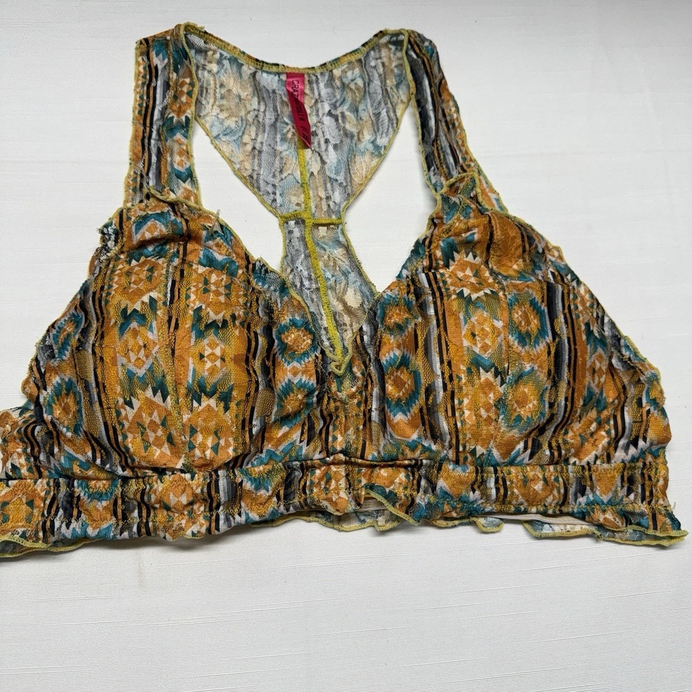 Crazy Train Geometric Print Bralette Crop Top Yellow Teal Racerback Women's